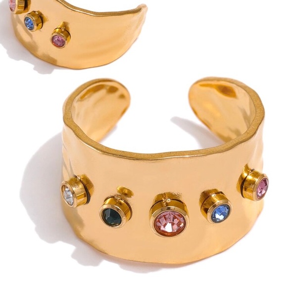 New 18KG FP Cubic Zirconia Rainbow Textured Gold Plated Open Cuff Cocktail Ring - Picture 5 of 15